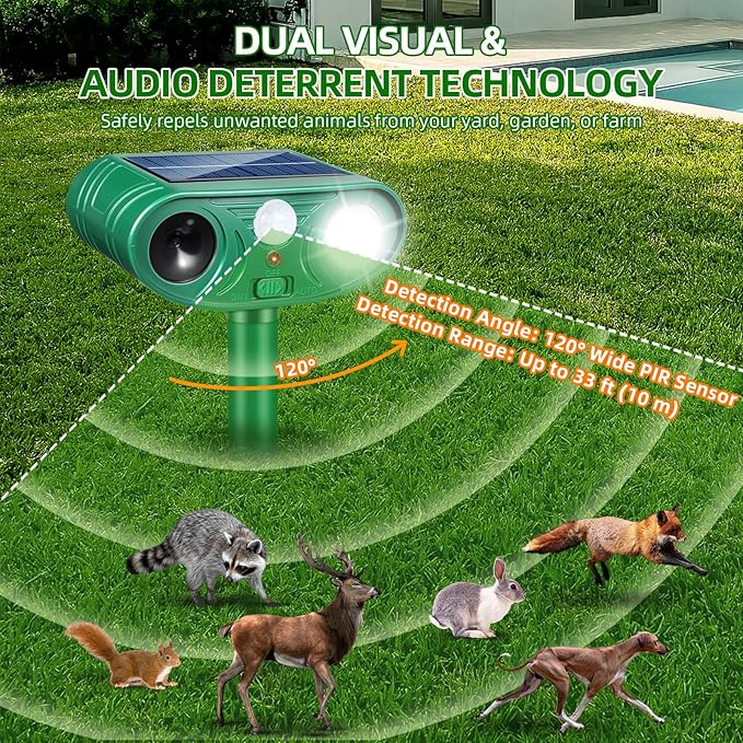 2026 Solar Ultrasonic Racoon Fortress Pro, Deer Cat Repellent Devices Animal Repeller Squirrel Rabbit Deterrent Outdoor with Motion Sensor&Flash Light to Scare Dog Skunk Out of Garden Yard(4Pack)