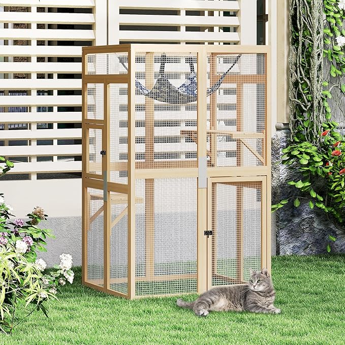 COZIWOW Upgraded Outdoor Cat Catio with Window Access & Jumping Platforms, Weatherproof Wooden Cat Enclosure for Patio/Garden/Backyard (Wood, 2 Platforms + Hammock, Supports 44lbs)