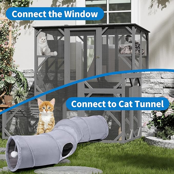 Large Walk-in Window Catio Outdoor, 70'' Wooden Cat Enclosure for Mulitiple Cats with Waterproof Roof, Feral Cat Shelter with Platforms, Hammock, Scratching Post and Resting Box Grey