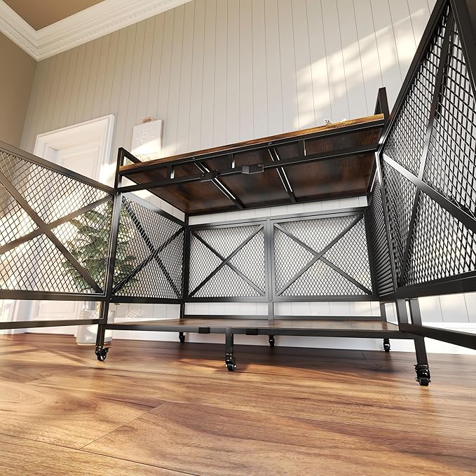 48 Inch Extra Large Furniture Dog Crate | COZPAW Heavy Duty Wooden Indoor Dog Kennel with Caster Wheels | Decorative Pet House End Table | Caramel Brown