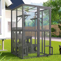 Merax Wooden Catio Indoor Outdoor Cat Enclosure with 7 Removable Boxes, Luxury Cat Cage Condo with Large Enter Door, 2 Platforms, Small House with Locks & Waterproof Roof， Grey