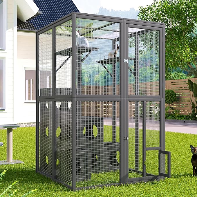 Merax Wooden Catio Indoor Outdoor Cat Enclosure with 7 Removable Boxes, Luxury Cat Cage Condo with Large Enter Door, 2 Platforms, Small House with Locks & Waterproof Roof， Grey