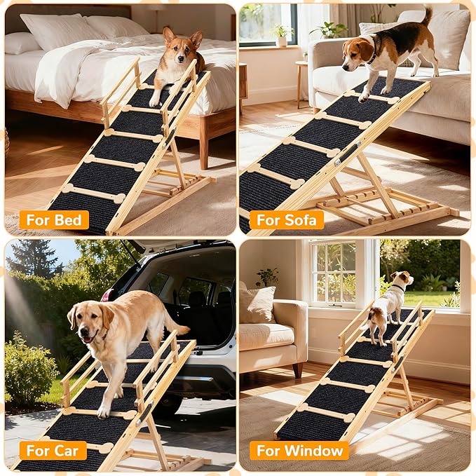 COSIEST Dog ramp for Bed and Couch, Wooden Pet Ramp Folding Portable for Couch and Bed, 64.5 Inch Long and Height Adjustable Dog ramp with Anti-Slip Grip & Safety Rails, Up to 200lbs, Wood