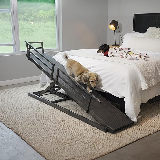 Dog Ramp for Bed, by DoggoRamps – Solid Hardwood Adjustable Dog Ramp for High Beds (up to 37" Tall) with Two-Tier Side Rails & Non-Slip Grip – Small Dog Bed Ramp up to 50lbs – 100% Made in N America