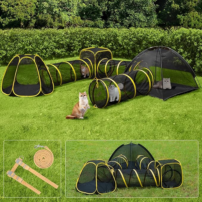VIVOHOME 6-in-1 Outdoor Cat Enclosure with Playhouse, 2 Tents & 3 Tunnels - Portable Cat Playground with Leash and Mint Ball for Indoor/Outdoor Use, Yard Balcony Camping Safety