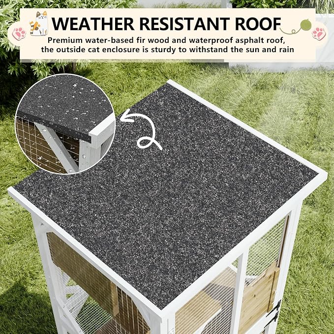 LEMBERI 71" Cat House Outdoor Catio Cat Enclosures on Wheels, Large Outside Patio Wooden Cat Cage Resting Box,Scratching Post, Waterproof Roof (White)