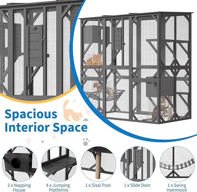 Large Walk-in Window Catio Outdoor, 70'' Wooden Cat Enclosure for Mulitiple Cats with Waterproof Roof, Feral Cat Shelter with Platforms, Hammock, Scratching Post and Resting Box Grey