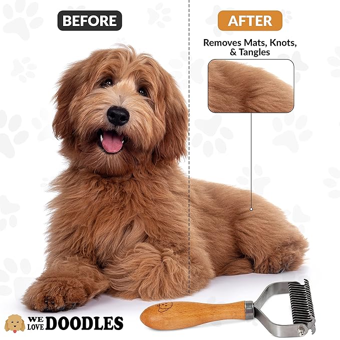 Pet Dematting Comb for Dogs and Cats with Wood Handle, Deshedding Undercoat Rake with Stainless Steel Blades, Pet Comb for Detangling Thinning and Shedding, All Hair Types [We Love Doodles]