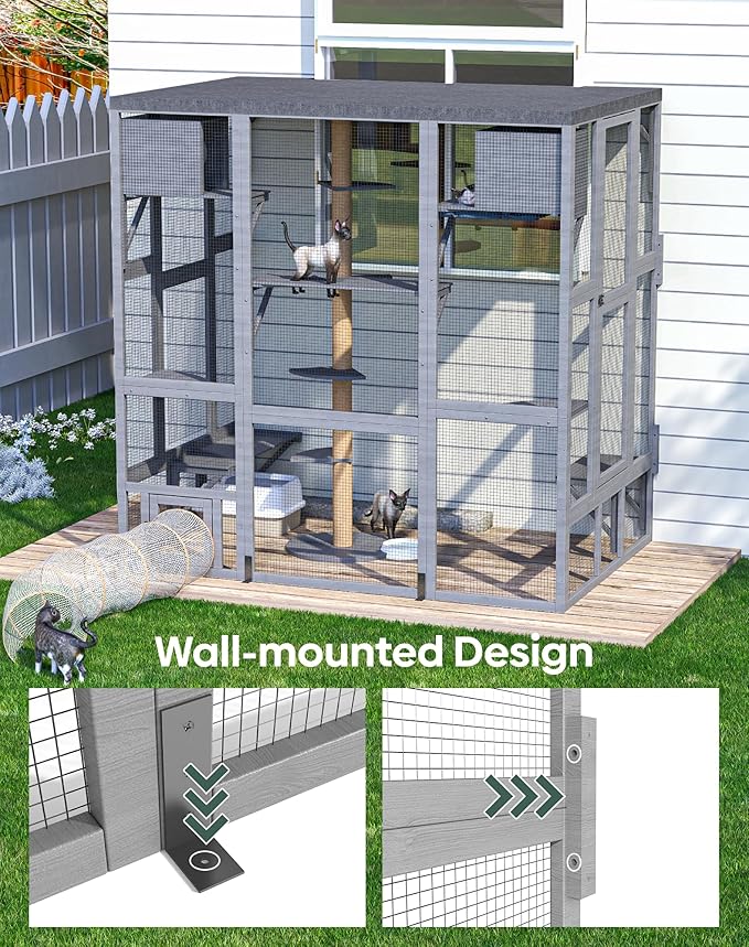 Catio Outdoor Cat Enclosure, Walk-in Large Catio with Window Access, Wall-Mounted Window Catio for Multiple Cats with Cat House, Waterproof Cover & Sunshine Roof, Grey