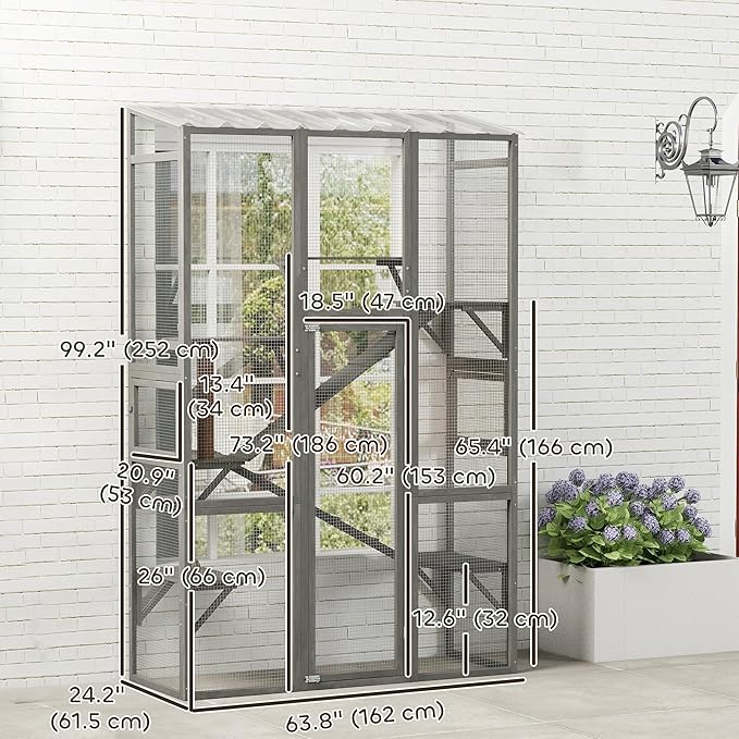 PawHut Outdoor Catio Cat Enclosure, Large Wooden Cat House with 6 Jumping Platforms, Scratching Post, 2 Ramps, Waterproof Roof, Cat Cage Window Access for 2-3 Kittens, 99" H, Gray