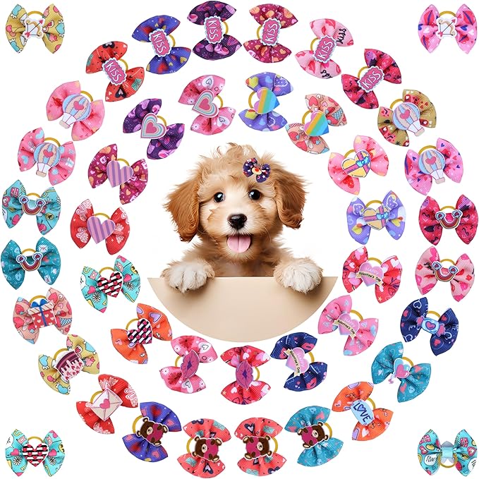 40PCS Christmas Dog Bows Cute Puppy Dog Small Bowknot Hair Bows with Rubber Bands Small Hairs Bowknot Pet Hair Accessories Pet Grooming Accessories for Party (Mixcolors)