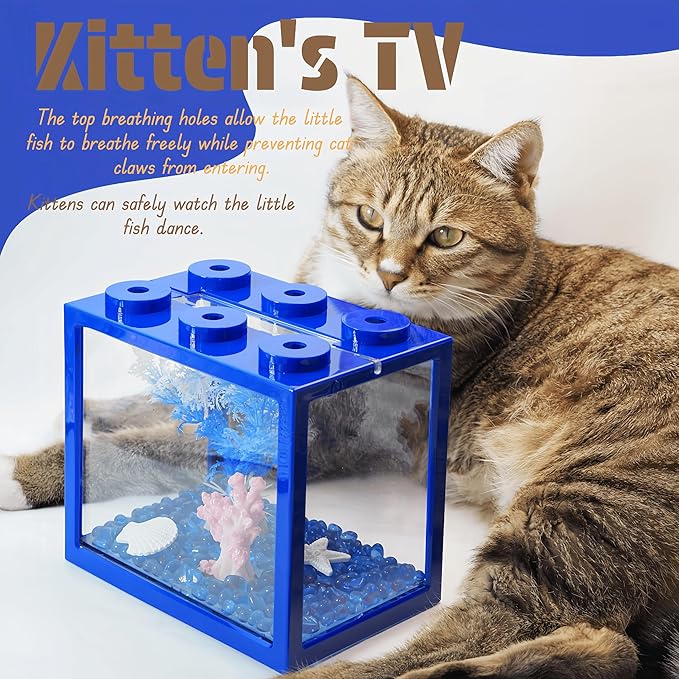 Small Betta Fish Tank, Mini Fish Tank Aquarium Tank Kit with Blue Gravel & Resin Decorations, 0.6 Gallon Stackable Fish Bowl Tiny Desktop Aquarium for Sea Monkey Shrimp (Blue)