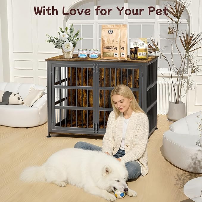 42'' Dog Crate Furniture Large Breed Dog Crate Dog Kennels for Inside Wooden Dog Crates End Table Heavy Duty Indoor Combination Cage for Medium to Large Dogs Walnut
