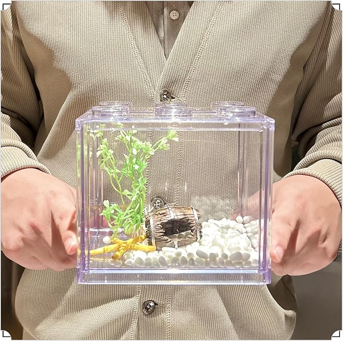 Small Betta Fish Tank, Stackable Mini Fish Tank Tiny Aquarium Tank Kit with Aquarium Gravel & Resin Decorations, 0.6 Gallon Cube Desktop Fishbowl for Snails, Crabs, Starfish (Clear)