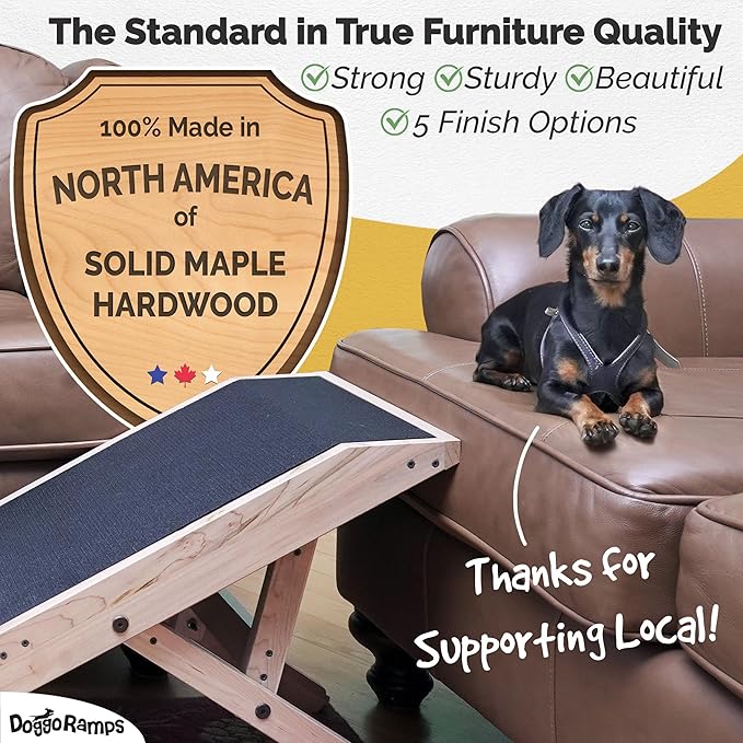 DoggoRamps Dog Ramp for Couch - Furniture Quality Solid Maple - with Anti-Slip Grip & Landing Platform - Adjustable Dog Ramp 14" to 21" - Couch Ramp for Dogs up to 150lbs - Made in North America