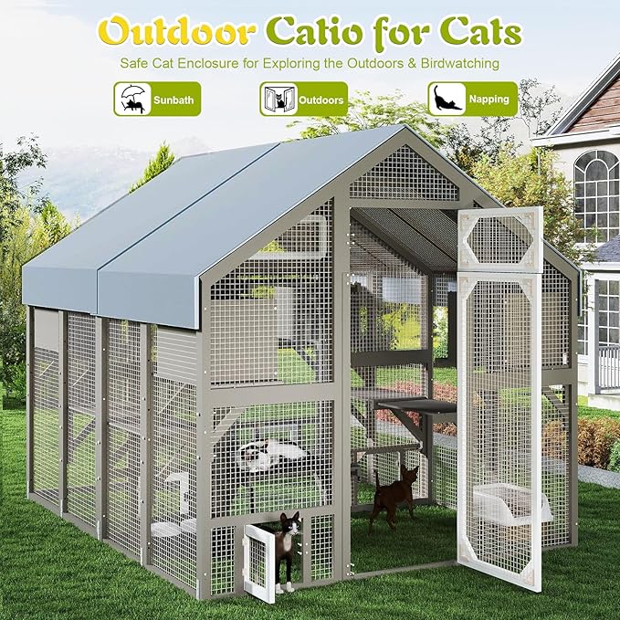 PetsCosset Large Cat Catio for Multiple Cats Outdoor Cat Patio Enclosures Wooden Walk in Cats House Outside Shelter Kitty Kennel Weatherproof Roof,Attached to House's Window Cat's Door and Tunnel
