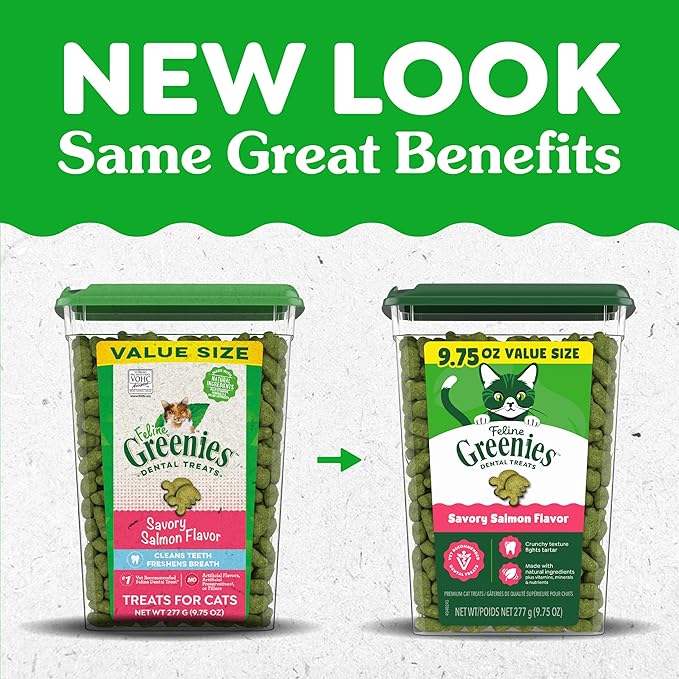 Greenies Cat Treats, Feline Veterinarian-Recommended Adult Natural Dental Cat Treats, Savory Salmon Flavor, 9.75 oz. Tub