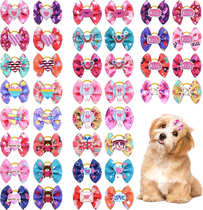 40PCS Christmas Dog Bows Cute Puppy Dog Small Bowknot Hair Bows with Rubber Bands Small Hairs Bowknot Pet Hair Accessories Pet Grooming Accessories for Party (Mixcolors)
