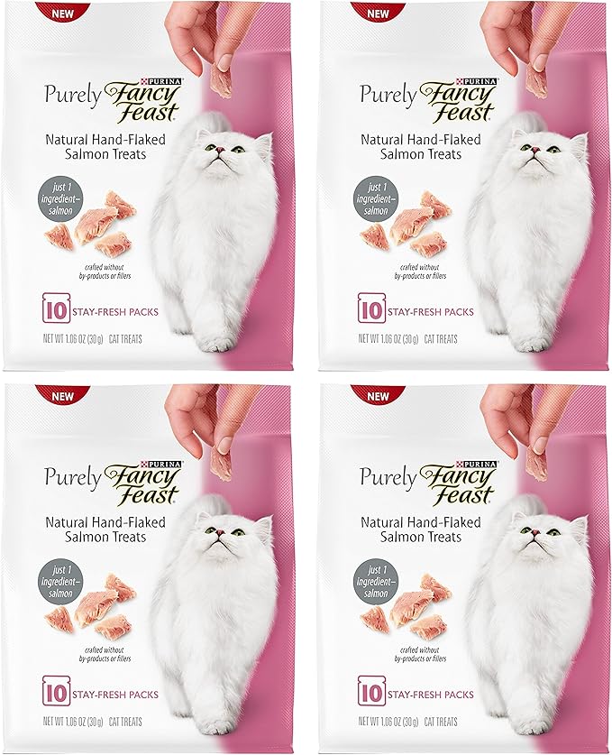 Fancy Feast Cat Treats - Natural Hand-Flaked Salmon - 40 Count Treats - Pack of 4 Pouches