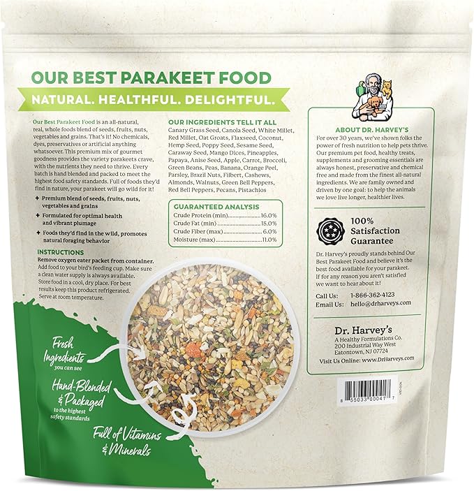 Dr. Harvey's Our Best Parakeet Food, Wholesome Seeds, Nuts, Fruits, and Vegetable Bird Feed for Budgies and Parakeets (4 Pounds/1.81 kg)