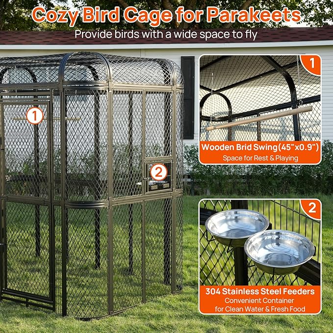 77-Inch Large Walk-in Birdcage Heavy Duty Outdoor Aviary – Rustproof Carbon Steel Flight Cage for Macaw, Budgie, Conure, Lovebird, Parakeet, Cockatiel (Black, 77 inch)