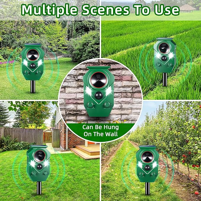 Solar Ultrasonic Animal Repeller Cat Deterrent Outdoor Squirrel Rabbit Dog Skunk Raccoon Coyote Fox Deer Predator Deterrents Repellent Device with Light & Motion Detection for Yard Farm Garden