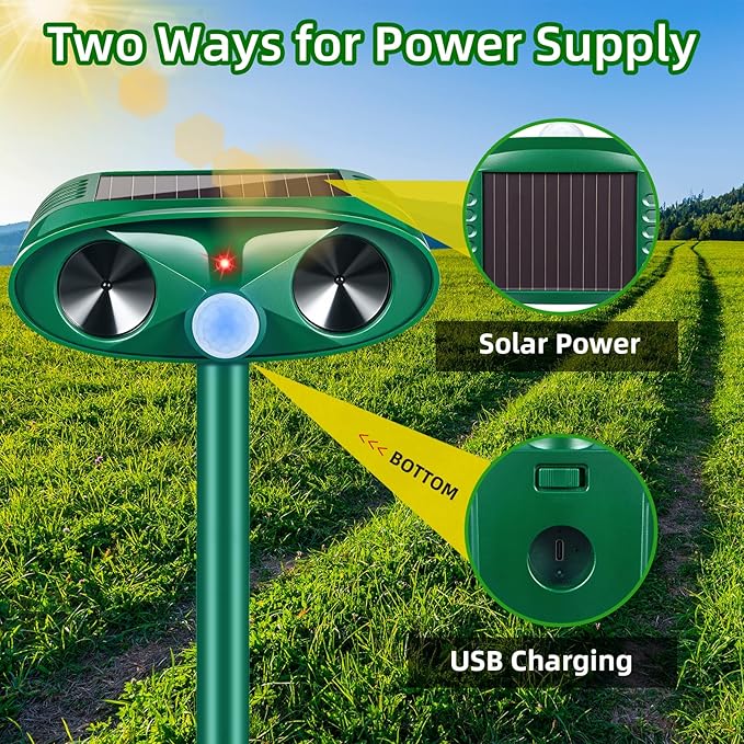 2026 Upgraded Solar Ultrasonic Animal Repellent Outdoor Deer Repellent Devices IP65 Waterproof Repeller with Motion Detection Coyote Light for Cat Rabbit Racoon Squirrel Dog Skunk Rodent,4 Pack
