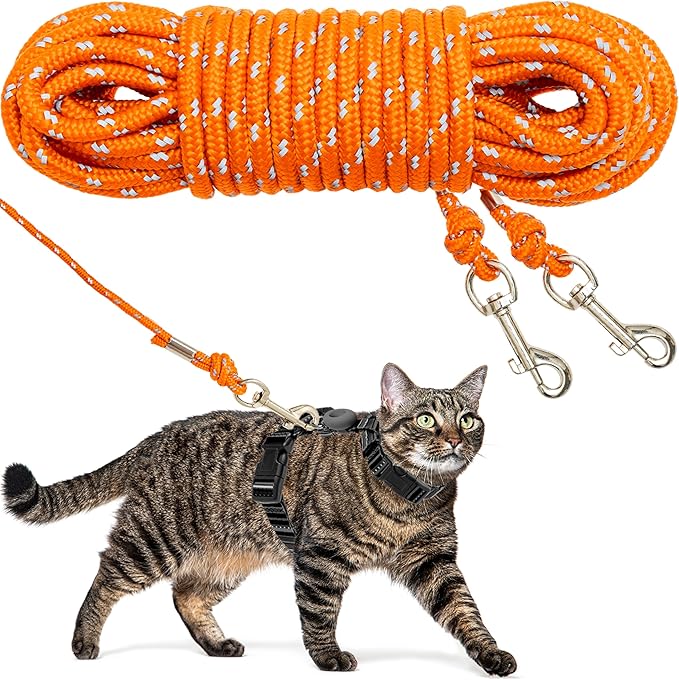 Reflective Cat Leash, 15ft Escape Proof Walking Lead Yard Long Leash, Extender Leash Training Playing Outdoor for Cats Puppy Kitten Small Dogs Rabbit Small Animals