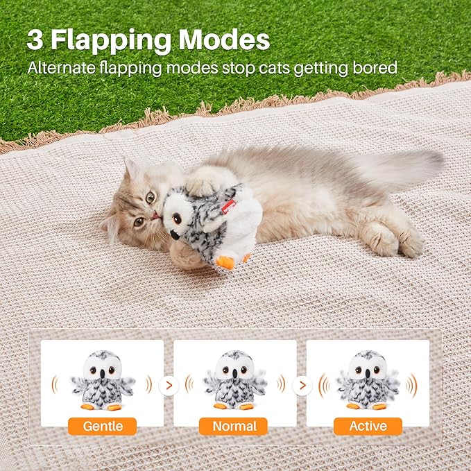 Potaroma Flapping Owl Cat Toys (No Flying), Lifelike Bird Chirp, Rechargeable Touch Activated Kitten Toy, Interactive Catnip Kicker Exercise Toys 4.0" for All Breeds