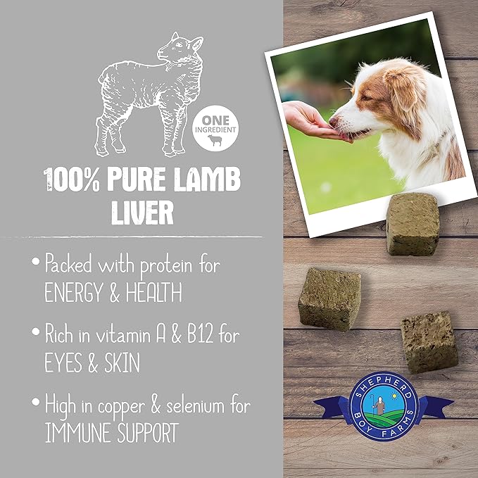 Shepherd Boy Farms Freeze Dried Dog and Cat Treats, Lamb Liver, All Natural Single Ingredient Freeze-Dried Dog Treat & Snacks, Made in USA, High Protein, Essential Nutrition of Raw Food, 3oz