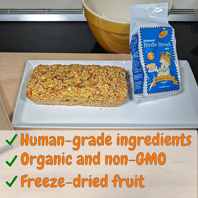 Organic Birdie Bread Mix for Parrots with Bird-Safe Pan, Human-Grade Ingredients, Easy Homemade Parrot Treats for Diet Variety & Enrichment