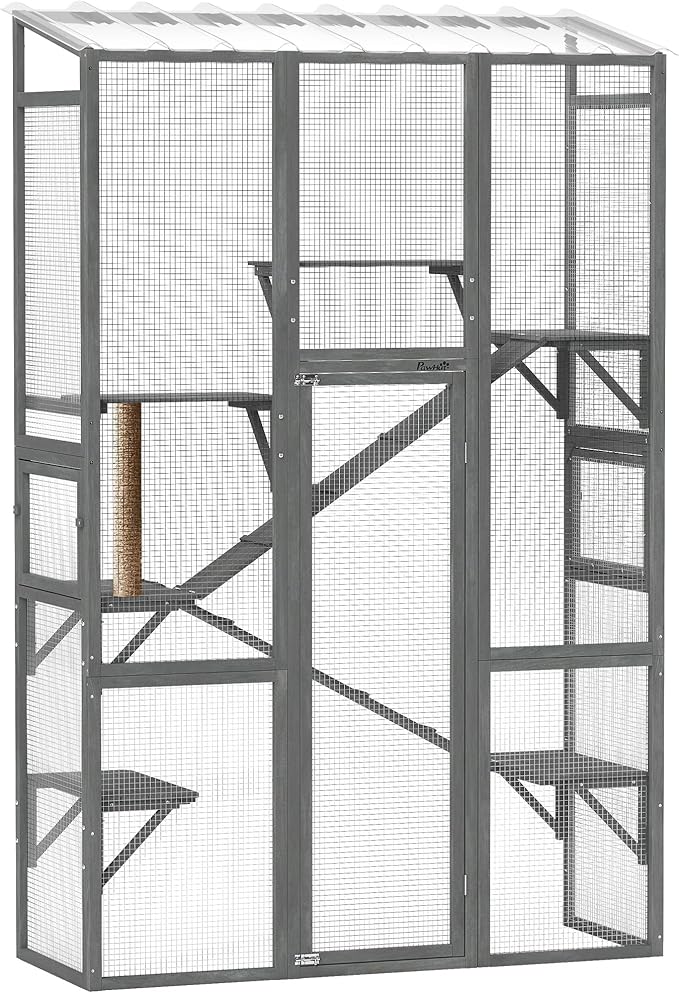 PawHut Outdoor Catio Cat Enclosure, Large Wooden Cat House with 6 Jumping Platforms, Scratching Post, 2 Ramps, Waterproof Roof, Cat Cage Window Access for 2-3 Kittens, 99" H, Gray