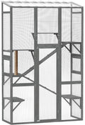 PawHut Outdoor Catio Cat Enclosure, Large Wooden Cat House with 6 Jumping Platforms, Scratching Post, 2 Ramps, Waterproof Roof, Cat Cage Window Access for 2-3 Kittens, 99" H, Gray