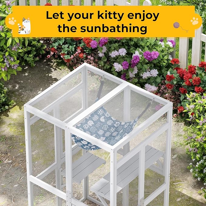 Catio Outdoor Cat Enclosure - Premium Wooden Cat Catio with Window Access & Breathable Mesh, Weatherproof Kitty House for Patio/Backyard/Indoor (White)