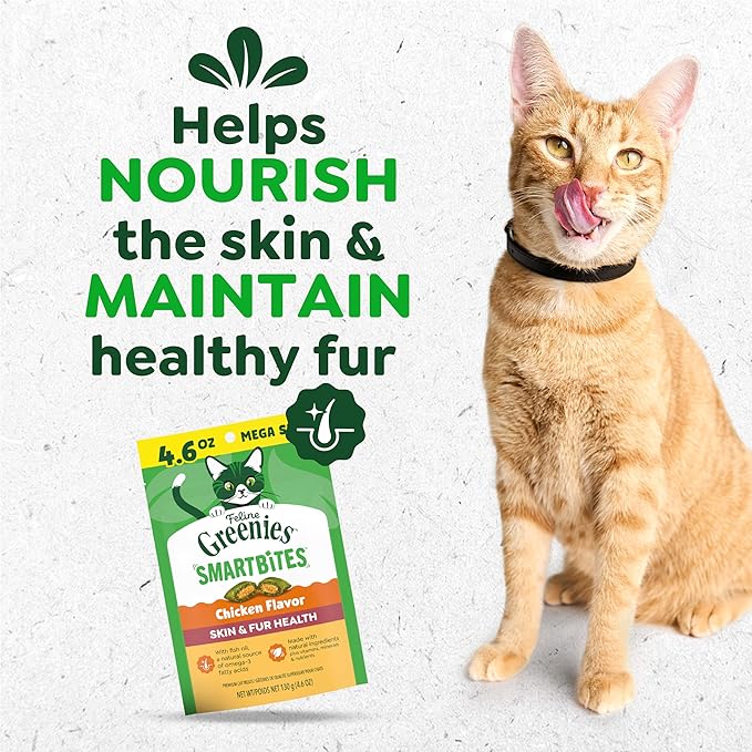 Greenies Cat Treats, Feline Smartbites, Skin & Fur Health, Crunchy and Soft Cat Treats, Chicken Flavor, 4.6 oz. Pack