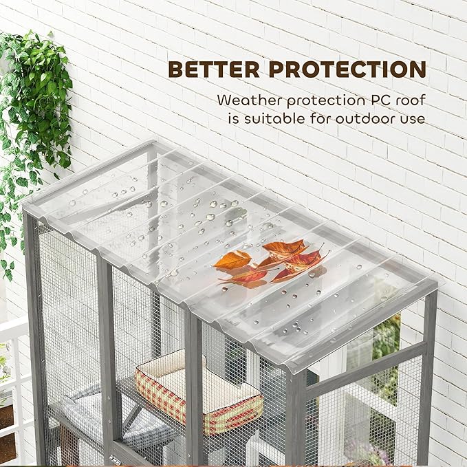 PawHut Outdoor Catio Cat Enclosure, Large Wooden Cat House with 6 Jumping Platforms, Scratching Post, 2 Ramps, Waterproof Roof, Cat Cage Window Access for 2-3 Kittens, 99" H, Gray