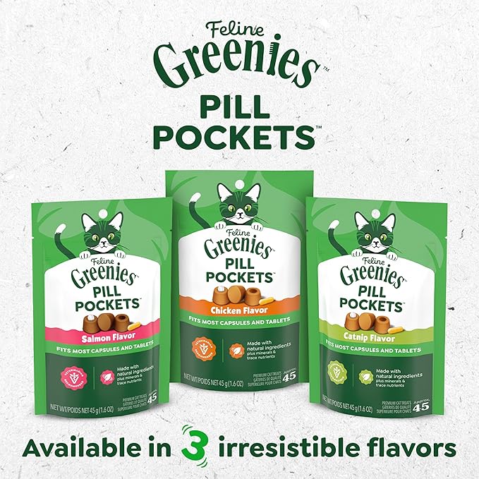Greenies Feline Pill Pockets for Cats Natural Soft Cat Treats, Catnip Flavor, 1.6 oz. Pouch (45 Treats)