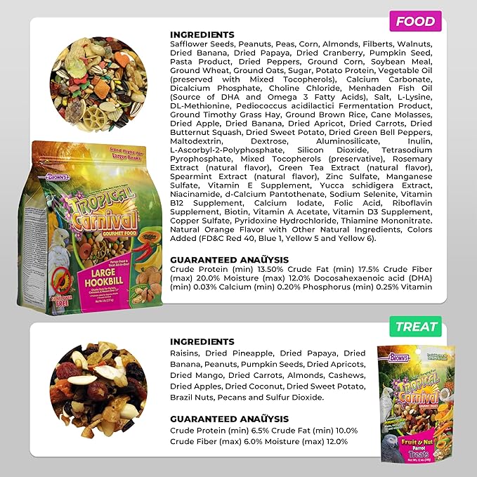 Tropical Carnival Brown’s Gourmet Large Hookbill Food & Fruit & Nut Parrot Treat Bundle – Vitamin-Fortified Daily Diet & Reward Mix for Parrots, Cockatoos & Large Hookbills Over 13in Tall – 10 lb + 1