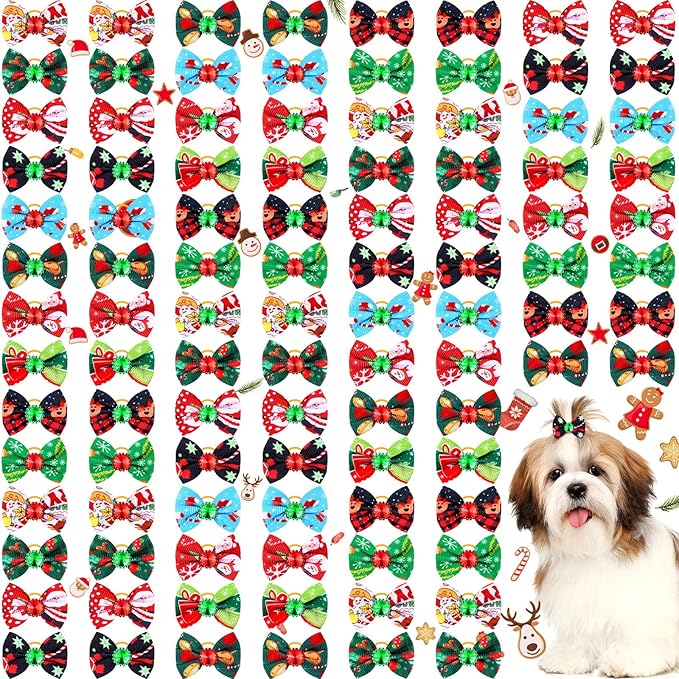 Tondiamo 100 Pack Christmas Dog Bows for Dogs Christmas Hair Bows with Rubber Bands Puppy Hair Bows Rhinestone Dog Bows Grooming with Santa Claus Christmas Tree Elk Snowflake Dog Hair Accessories