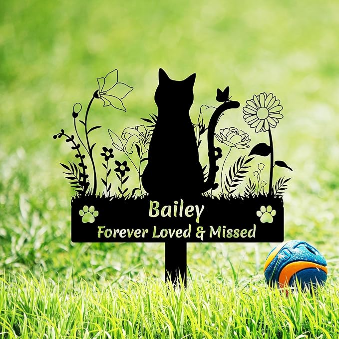 Custom Cat Name Memorial Grave Stake Marker, Personalized Floral Cat Memorial Grave Marker, Customized Flowers Butterfly Cat Memorial Stake Outdoor Metal Grave Plaque Cat Memorial Statue