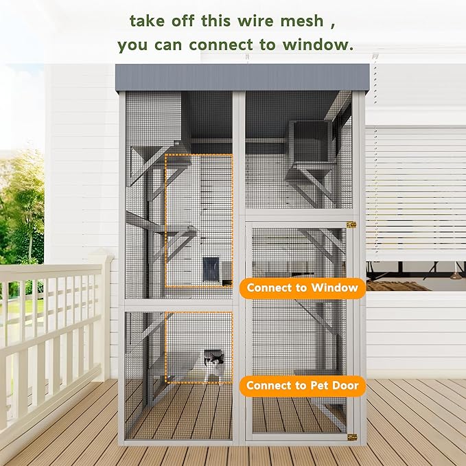 70.5" H Catio Outdoor Cat Enclosure,Cat House with Waterproof Roof and Large Enter Door,Wooden Shelter W/ 6 Jumping Platforms & 2 Napping Houses,Cats Cage for Walk in Kitten Kennel,Gray