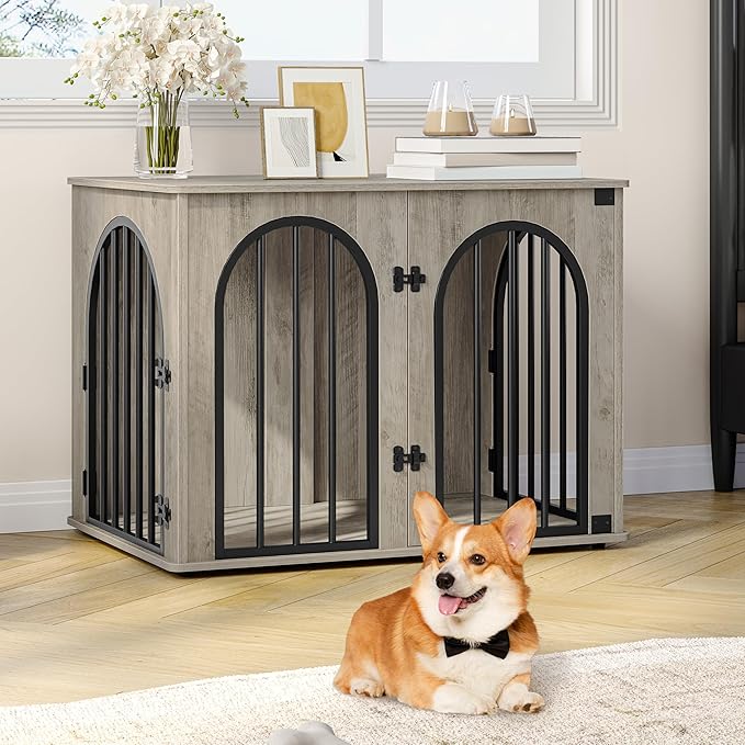 31.5'' Wooden Dog Crate Furniture, Indoor Dog Kennel Dogs Cage for Small/Medium Dogs, Heavy Duty Dog Crates Decorative Pet House End Side Table TV Stand, Greige Black DFC85105B