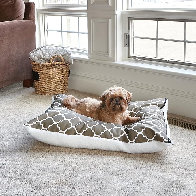 MidWest Homes for Pets Quiet Time Teflon Brown Pillow Dog Bed 36x27, 27 x 36, Medium Dog Breed, Brown Geometric Pattern