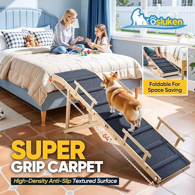 Dog Ramp for Bed with Rails, 64" Long Foldable Pet Ramp for Small Large Dogs, Dog Ramps for High Beds with Safety Side Railng, 6 Adjustable Heights 24" to 30" Up to 220LBS (Gray, 63" X 17inch)