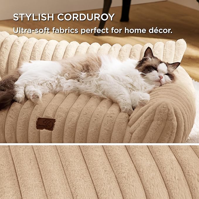 Bedsure ComfyFleece™ Cute Cat Couch for Pets - As Seen on TV on Good Day New York, Fuzzy Cats beds for Indoor Cats with Removable Washable Cover, Supportive Pet Sofa, 24inch, Sandy Beige