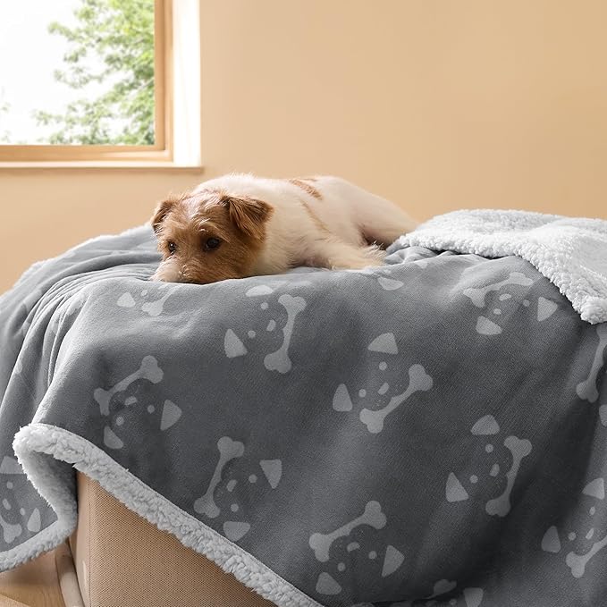 Bedsure Waterproof Dog Blankets for Medium Dogs Washable - Soft Print Sherpa Fleece Puppy Cat Blanket, Cozy Plush Reversible Throw Furniture Protector for Pet Kitten Doggy, 30"X40", Smokey Grey