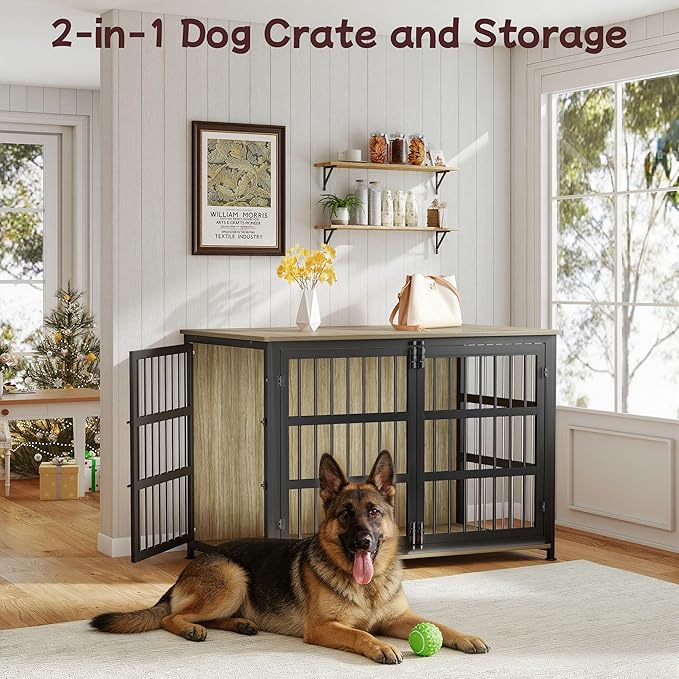 46'' Dog Crate Furniture Large Breed Dog Crate Dog Kennels for Inside Wooden Dog Crates End Table Heavy Duty Indoor Combination Cage for Medium to Large Dogs Maple