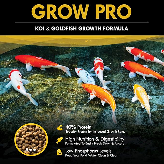 HALF OFF PONDS Grow Pro Koi Fish Food - 10 lb Floating Pellets, 5mm Size - Goldfish Food for Ponds - 40% Protein with Fish Meal & Probiotics - Designed for Rapid Growth & High Digestibility