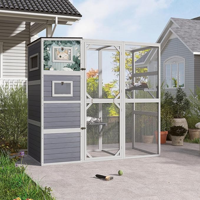 Outdoor Cat Enclosure, 4-Tier Large Cat Catio with Weatherproof Roof, 2 Resting Rooms, 2 Platforms, Walk in Cat Cage Cat House Indoor, Grey, w/Painted Panel