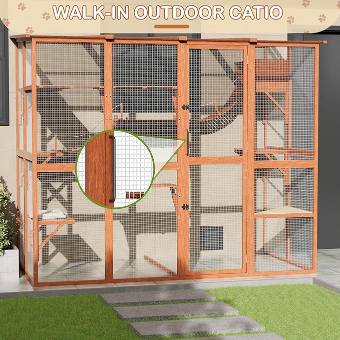 Large Walk-in Catio Wooden cat Houses for Multiple Outdoor Cats, Outdoor cat Enclosure with 4 Bridges & Transparent PVC Roof & sisal Scratcher, Kitty cat Condo Shelters (Orange)
